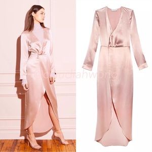 FLEUR DU MAL Rosewater Silk Long Sleeve Wrap Dress in Pink